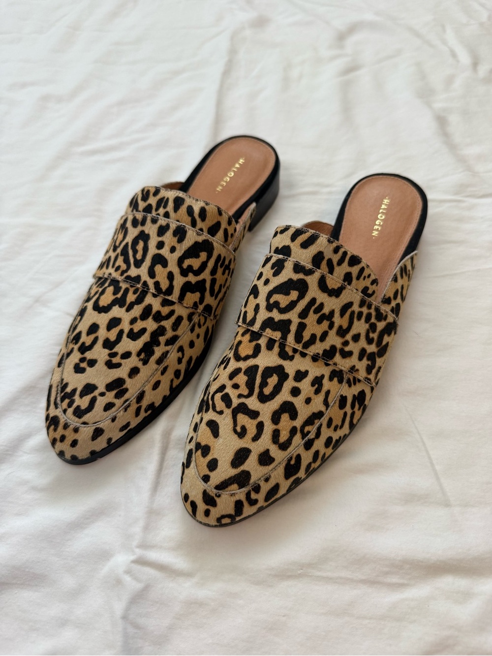 Halogen Leopard Print Calf Hair Mule Loafers Size 10